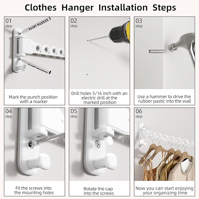 Wall Mount Clothes Drying Racks White Clothes Drying Organizer Rack Garment Hooks Aluminium Retractable Folding Indoor Wall Mounted Hanger Space Saver for Laundry Room Bedroom White 2-Pack