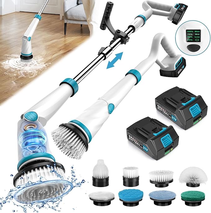 1500RPM Electric Spin Scrubber, 8 Brush Heads Electric Scrubber for Cleaning, Shower Scrubber with Long Handle and Two Battery, High Power Scrubber with Display for Bathroom/Tub/Floor