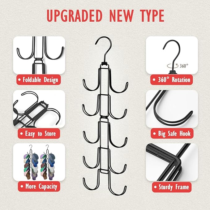 Hat Organizer for Closet, Collapsible Caps Rack with 10 Rotatable Large Hooks, Holds Up to 40 Baseball Caps, Metal Space Saving Hat Hanger for Display, Storage and Closet Organizers, Black
