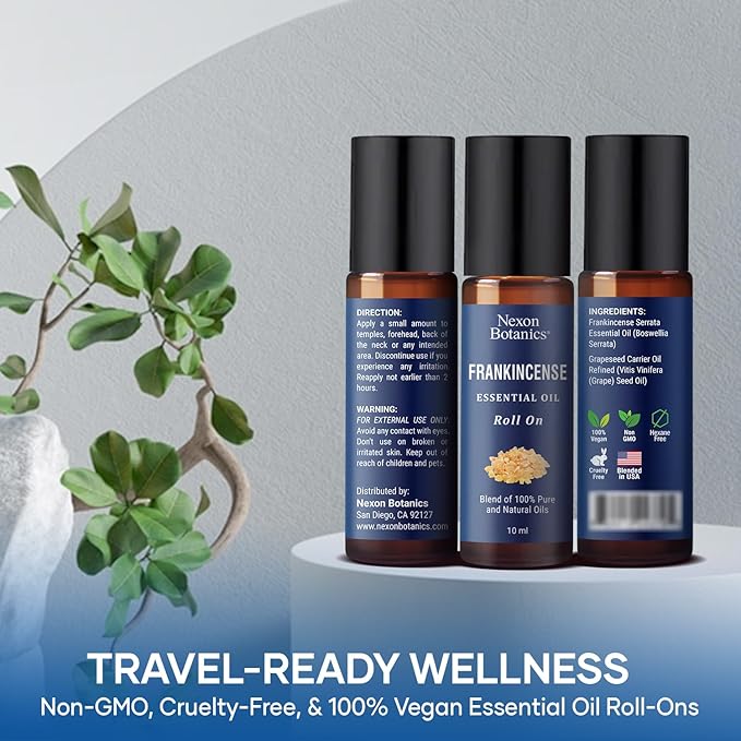 Frankincense Essential Oil Roll-On 10 ml - Pure, Natural Oil with Grapeseed for Aromatherapy & Skin Care - Nexon Botanics