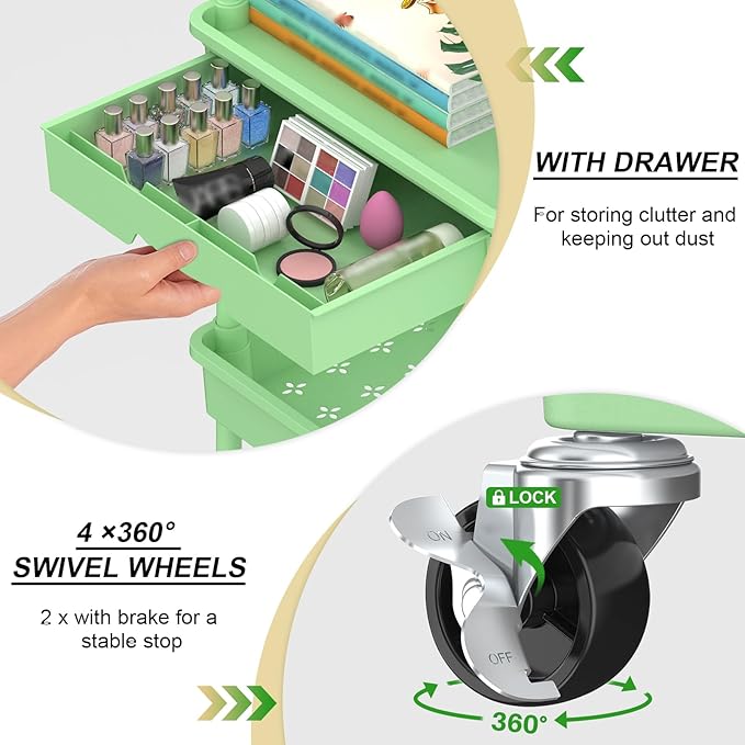 Goovilla 3 Tier Rolling Utility Cart Organizer with Removable Drawer, Stable and Sturdy Green Rolling Storage Carts with 2 Lockable Wheels for Bathroom, Kitchen, Snack, Craft, Makeup, Baby Essentials