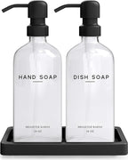 Glass Hand and Dish Soap Dispenser Set by Brighter Barns - Kitchen Soap Dispenser Set with Tray, Stainless Steel Pump - Glass Bottles for Sink - Black Kitchen Accessories for Home, Hotel, Gift (Clear)