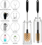 2-in-1 Long Handle Bottle Brush - Water Bottle Cleaning Accessories - Flexible Scrub Brush for Water Bottles,Mugs, Glasswares - with Replacement Brush Heads，Dishwasher Safe Reusable，Brown