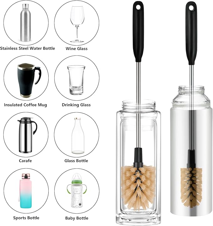 2-in-1 Long Handle Bottle Brush - Water Bottle Cleaning Accessories - Flexible Scrub Brush for Water Bottles,Mugs, Glasswares - with Replacement Brush Heads，Dishwasher Safe Reusable，Brown