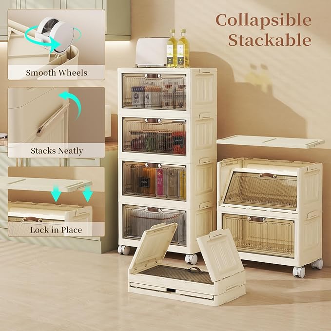 4 Tier - 48QT Storage Bins with Lids, Collapsible Storage Bins with Doors and Wheels, Plastic Storage Cabinet for Easy Storage and Organization for Living Room, Office