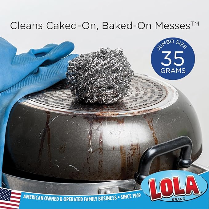 Stainless Steel Wool Scourer -Jumbo Sized- 35 Grams, by LOLA, Curled Flat Wire, Cleans Caked On & Baked On Messes on Cookware, 1 Pack