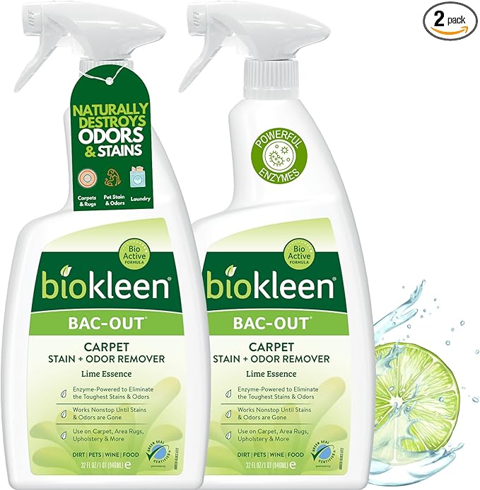 Biokleen Bac-Out Carpet Cleaner Spray, Stain Remover and Odor Eliminator, Use on Area Rugs, Upholstery & More, Removes Dirt, Pets, Wine & Food, Lime Scent, 32 oz, 2 Pack