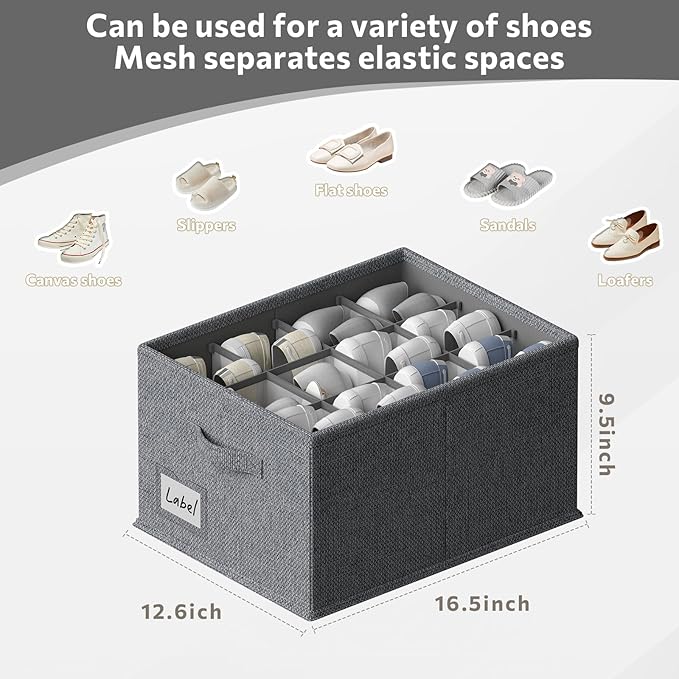 FHSQX 2 Pack Shoe Organizer for Closet,Fits up to 24 Pairs,Fabric Shoe Storage Bins,Large Shoe Box Storage Containers with Bottom Support for Shoes (Dark Gray, (16.5 * 12.6 * 9.5) x1)