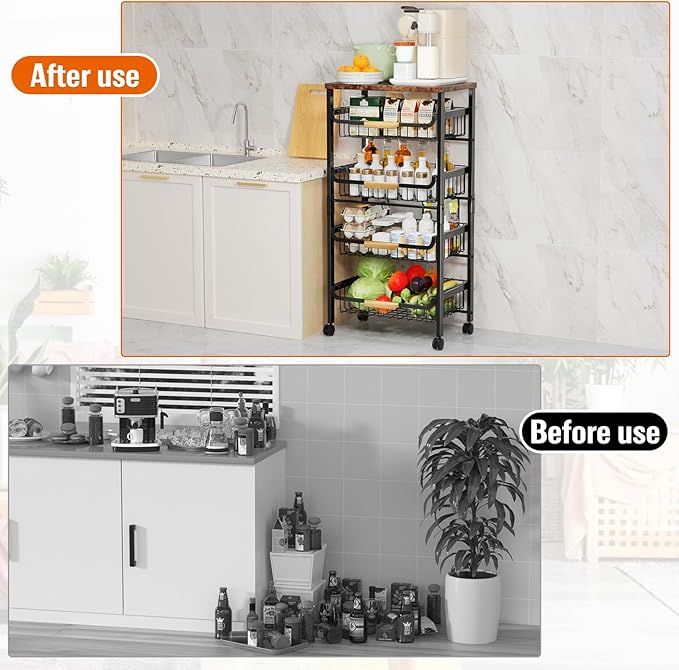 5-Tier Rolling Utility Cart, Kitchen Storage Cart with Wheels, Large Capacity Utility Cart with Wooden Tabletop & Mesh Baskets for Kitchen, Bathroom, Laundry Room