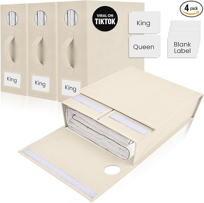 4 Pack Bed Sheet Organizer and Storage, Foldable Storage Organizer for Linen Closet with Viewing Window & Label for Bedding Sheets & Blankets (Queen & King Size) Cream