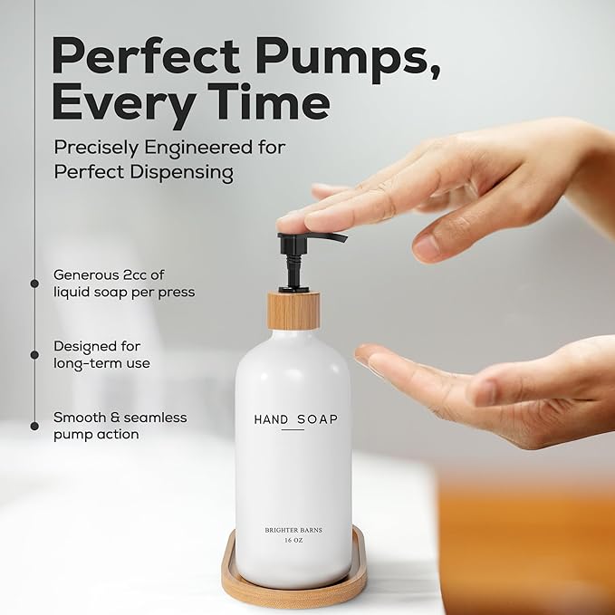 Luxury Glass Hand and Dish Soap Dispenser Set by Brighter Barns - Kitchen Soap Dispenser Set with Tray - Bamboo Pump Bottle for Kitchen Sink - Boho Home Decor, Modern Decor in Restaurant (Black/White)