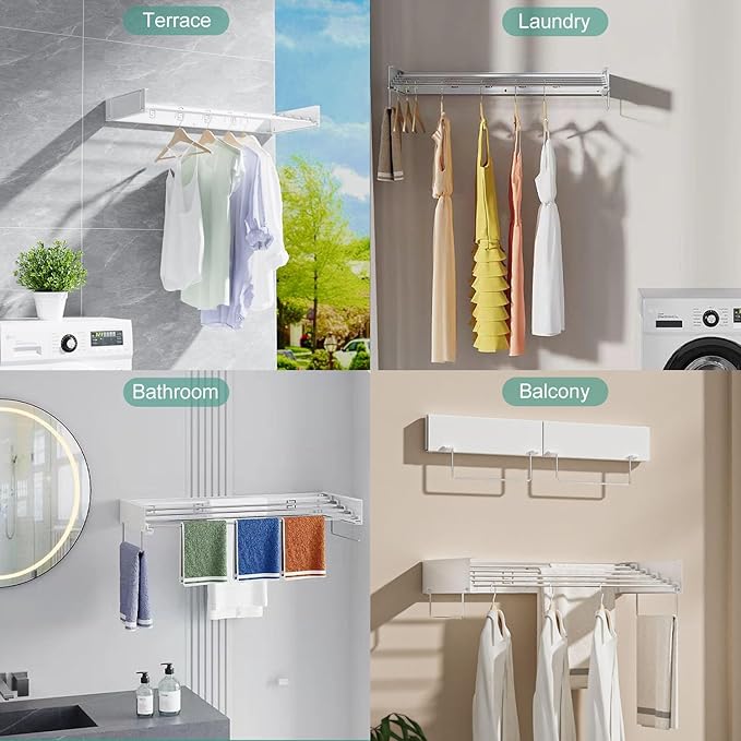 Wall Mounted Laundry Rack, Collapsible Clothes & Towel Drying Rack for Indoor & Outdoor, 40' W x 16.5 L Ft, 60 lb Capacity, White