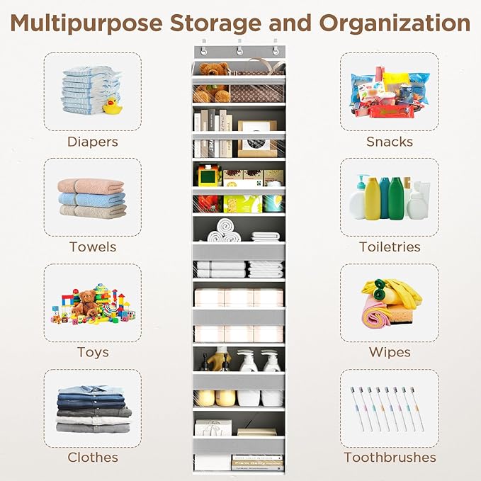 Over The Door Organizer, 7 Tier Door Hanging Organizers with 7 Large Pockets 12 Side Pockets, Behind Door Storage Hanging Shelves for Closet Bathroom Bedroom Nursery