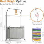 ROMOON Laundry Hamper Sorter Cart: 4 Section Organizer with Hanging Bar and Heavy-duty Lockable Wheels | 180L Rolling Laundry Basket with Clothes Rack in Laundry Room or Small Spaces (Grey)