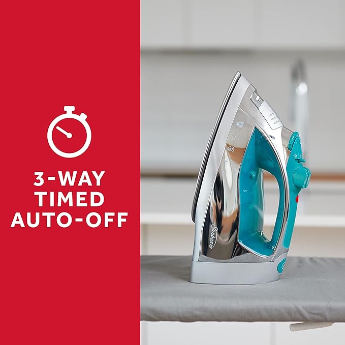 Sunbeam Turbo Steam Iron, 1400 Watt, Nonstick Ceramic Soleplate, Horizontal or Vertical Shot of Steam, Quick Heating, 3-Way Auto-Off, White and Chrome (Chrome/Teal)
