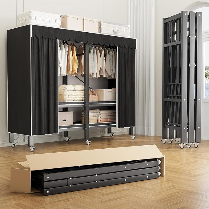 75in Heavy Duty Portable Closet with Cover 1200Ibs Foldable Covered Clothes Rack for Hanging Armoire Wardrobe Closet System Freestanding Coat Storage Garment Racks (190cm/74.8in（black）)
