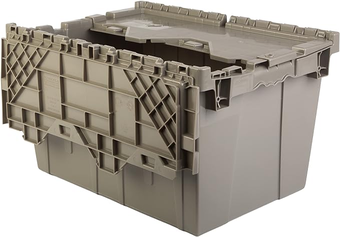 Hudson Exchange 21.9 x 15.2 x 12.8” (3 Pack) Storage Tote Distribution Container with Hinged Attached Lid, Gray/Brown