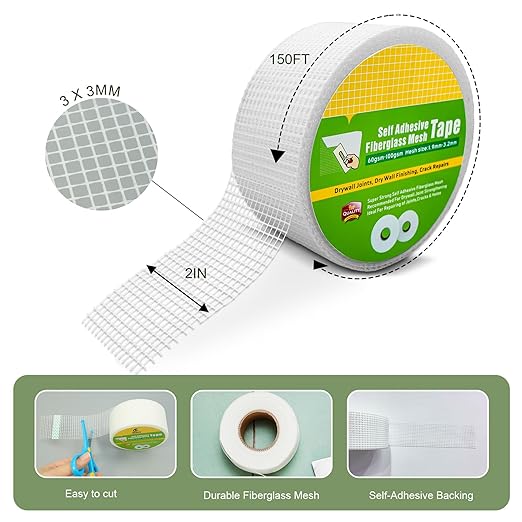 3 Pack Drywall Joint Tape, Fiberglass Mesh Self-Adhesive Tape for Drywall Repair, 2" x 100 FT Drywall Joint Tape for Sheetrock Crack and Seam Patch Repair
