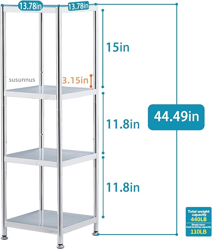 susunnus Stainless Steel Shelves 13.8in-4 Tier, Corner Shelf, Storage Shelves, Narrow Metal,Stainless Steel Shelf, Kitchen Storage Rack for Small Spaces Tall Skinny Shelf