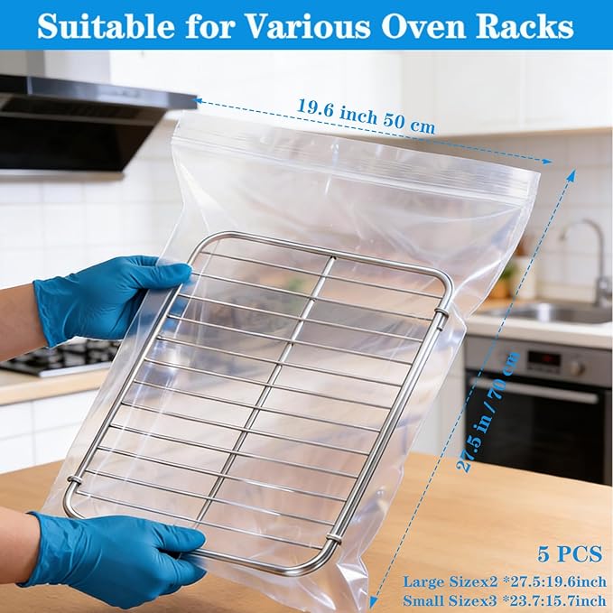 Oven Rack Cleaning Bags, Heavy Duty No Scrub Oven Rack Cleaning Bags, Reusable Leak-Resistant PE Bags for Deep Soaking Grill Grates, BBQ Racks, No Cleaner Included, 5 Pack (27.5''*19.6'')
