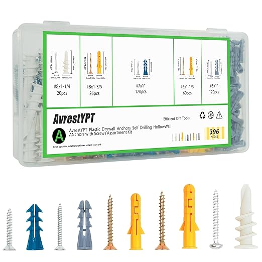 396 Pcs Drywall Anchors and Screws Kit, Dry Wall Anchors and Screws Kit, Dry Wall Screw Anchor Set, Plastic Anchor and Phillips Flat Head Screw for Concrete Brick Frame Canvas Picture Hanging Set