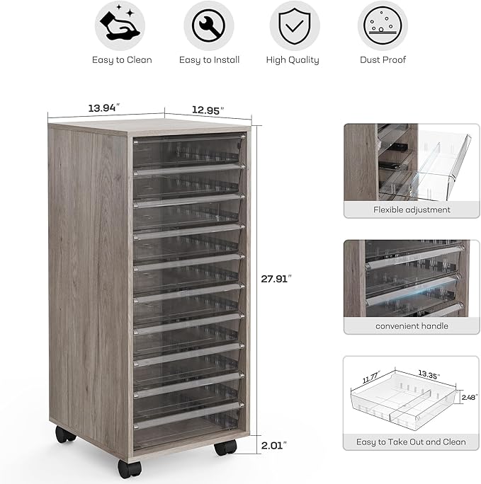 WOPITUES Plastic Storage Drawer Cart, Makeup Organizer and Storage with 10 Large Clear Drawers, Utility Wooden Rolling Cart on Wheels, for Cosmetic, Art Craft, Parts, Office Supplies, Toy, Grey