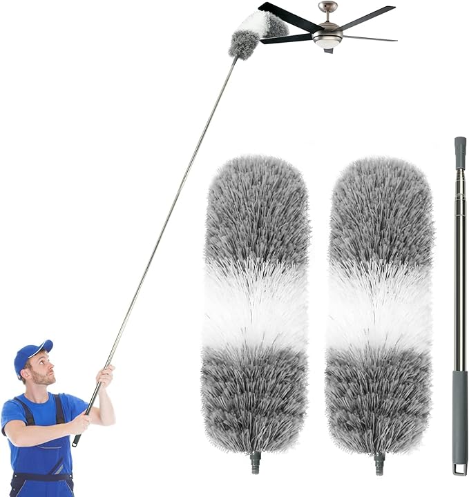 Microfiber Feather Dusters for Cleaning, Extendable Duster with 110" Extension Pole & 2pcs Replaceable Bendable Head, Cleaner Supplies Duster Tool for Ceiling Fan Furniture Cars Home Kitchen Gadgets