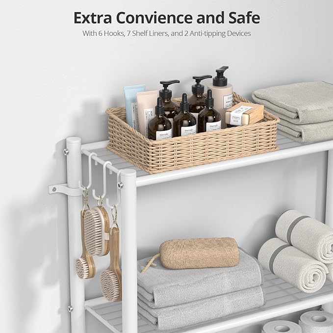 Over The Toilet Storage Organizer - 7 Tiers Space Saving Bathroom Shelves, Adjustable Above Toilet Shelf Rack, Metal Organizer Shelf Over Toilet for Bathroom Storage and Organization, White