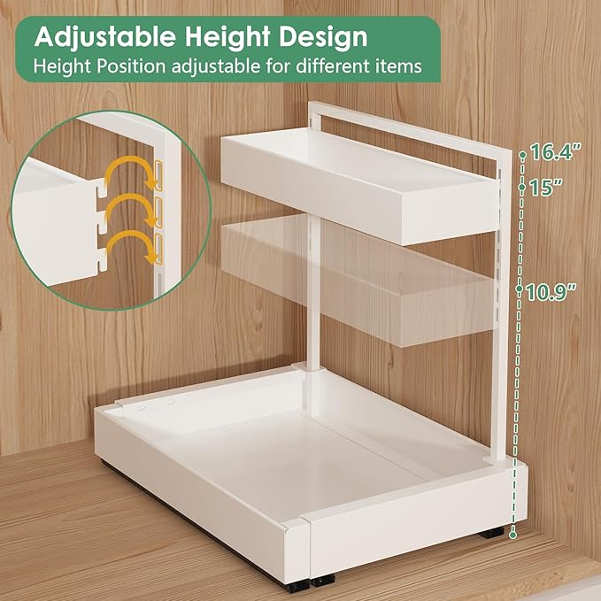 REALINN Expandable Under Sink Organizers and Storage, 2 Tier Under Cabinet Organizer, Heights Adjustable Pull Out Rack for Kitchen Bathroom Laundry, White, 2 Pack