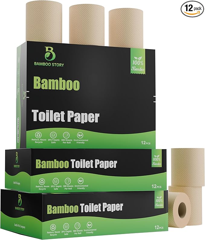 Eco Toilet Paper, 12 Rolls, 3-Ply, 300 Sheets, 100% Unbleached Bamboo, Chemical-Free, PFAS-Free, Vegan, Plastic-Free, Plant-Based Tissue, FSC Certified, Gentle, Strong & Sustainable