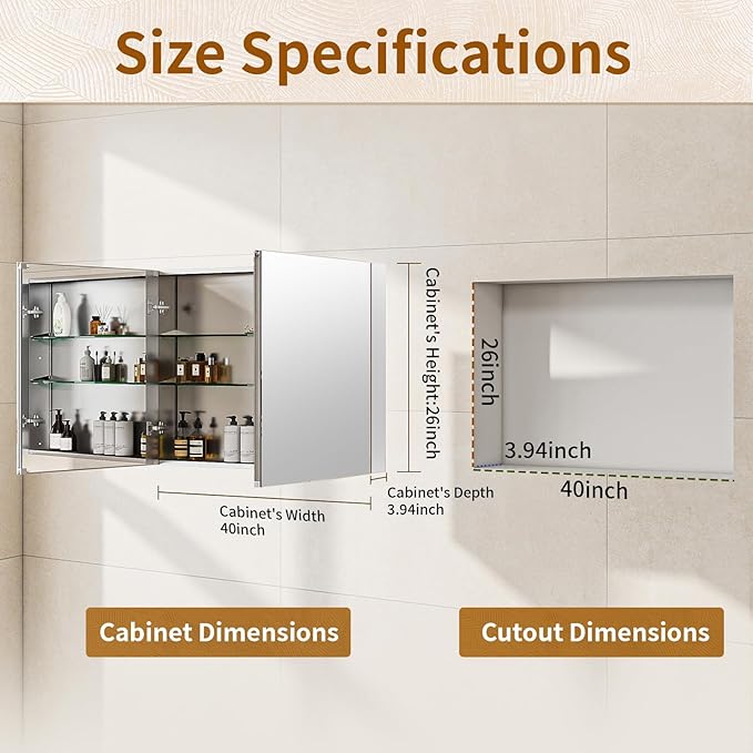 BEAUTYPEAK Bathroom Medicine Cabinet Mirror with Storage, 40 Inch x 26 Inch Silver Medicine Cabinet with Double Door & Adjustable Shelves for Vanity, Tempered, Aluminum Surface, Wall-mount or Recessed