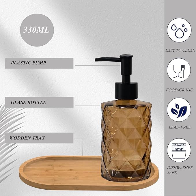 Glass Hand and Dish Soap Dispenser Set of 2 with Plastic Pumps, Bamboo Tray, 12oz Brown Bathroom Soap Dispenser with Diamond for Hand Wash & Dish Wash, Ideal for Bathroom Kitchen Countertop