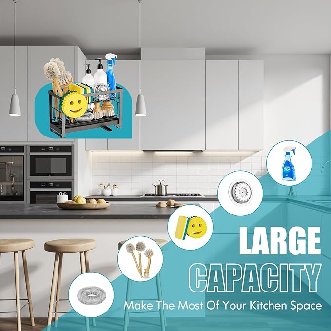 Sponge Holder for Kitchen Sink with Flexible Smiley Face, 2 Tier Kitchen Sink Organizer, Countertop and Storage Essentials, Soap Dispenser Organizer, Home Decor Accessories - Black