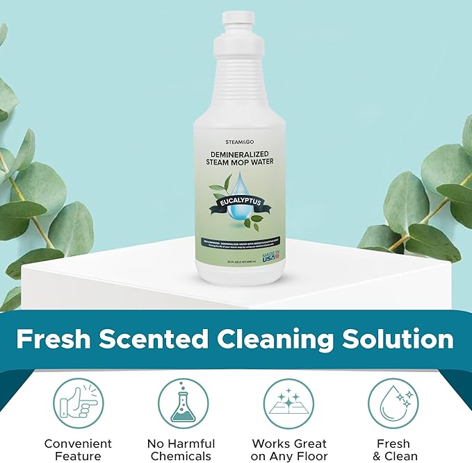 Steam & Go - Demineralized Water for Steam Cleaner, PVC-Free Floor Cleaner Liquid Compatible With Any Steam Mop, Ready-to-Use Multisurface Cleaner, Scented Mop Solution, Eucalyptus Mint, 32 oz