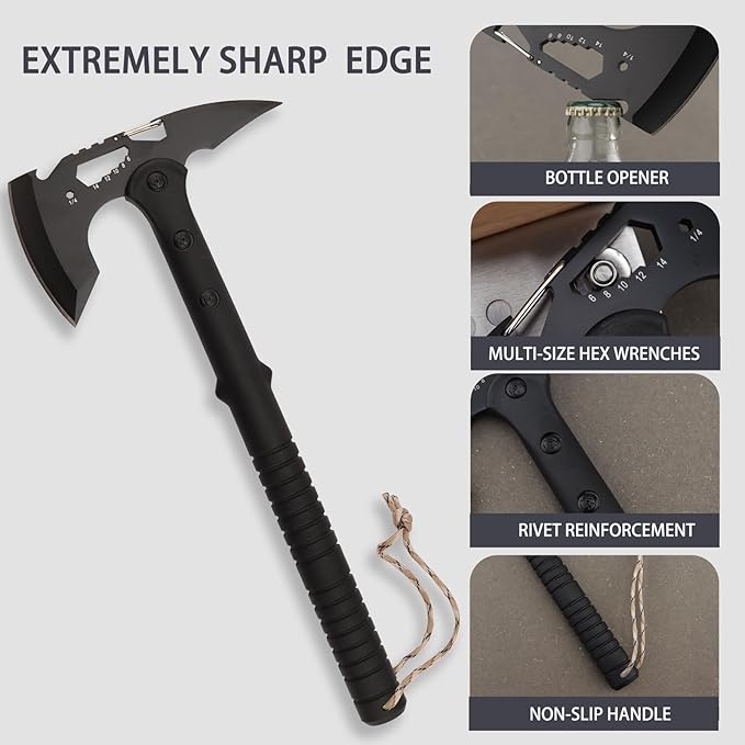Tactical Hatchet,Black Stainless Steel Camping Hatchet Axe with Nylon Sheath,Tactical Axe with Bottle Opener,Hex Wrenches,for Outdoor Splitting Wood,Hunting Survival