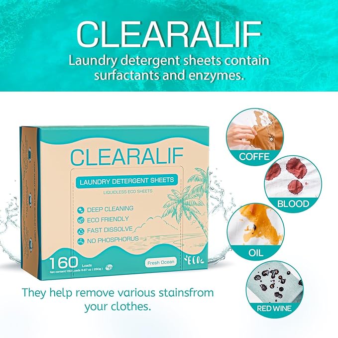 CLEARALIF Laundry Detergent Sheets, Fresh ocean, 160 Load, CLEARALIF Laundry Detergent Strips Eco Friendly & Hypoallergenic