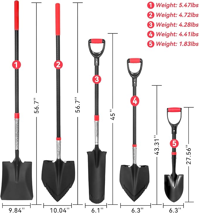 SHARK ATTACK Garden Shovel Set with D-Grip Handles - Multi-Size Steel Garden Shovels with Powder Coating for Digging, Planting & Car Emergency