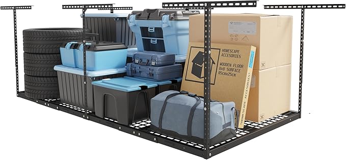 FLEXIMOUNTS 4x8 Overhead Garage Storage Rack, Adjustable Garage Storage Organization System, Heavy Duty Metal Garage Ceiling Storage Racks, 600lbs Weight Capacity, Black