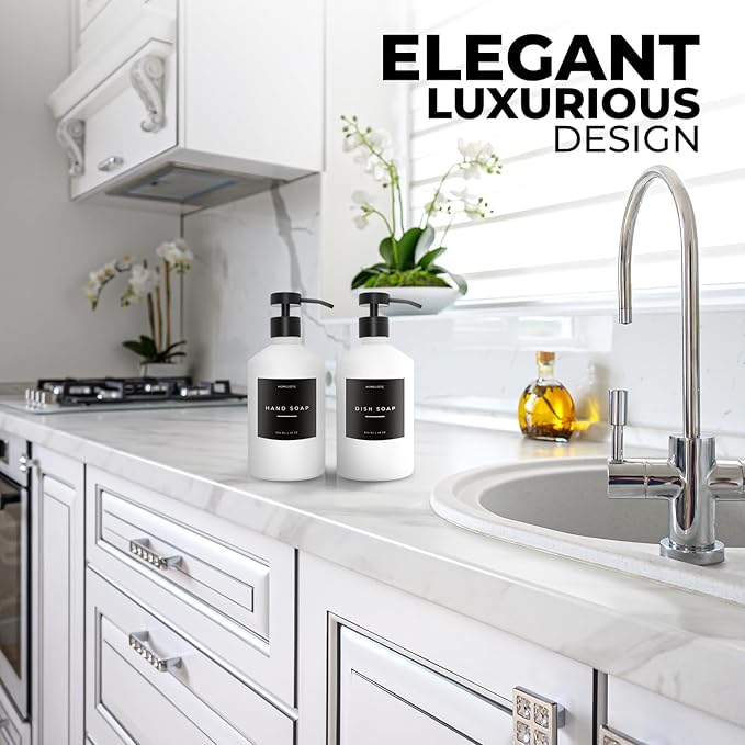 Luxury Glass Soap Dispenser Set of 2 - Elegant Aesthetic White Glass Bottles with Modern Matte Black Stainless Steel Pumps, Ideal for Kitchen, Bathroom, Hand Soap, Dish Soap, and More.