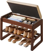 Solid Wood Shoe Bench with Cushion, 2 Tiers Wood Shoe Bench with Flip-Top Storage, 23.62in Shoe Rack for Entryway, Hallway, Walnut Color YD-WD060B