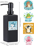 Soap Dispenser Bathroom, JINLIFA 12oz Black Glass Refillable Liquid Hand Dish Soap Dispenser (5 Labels)