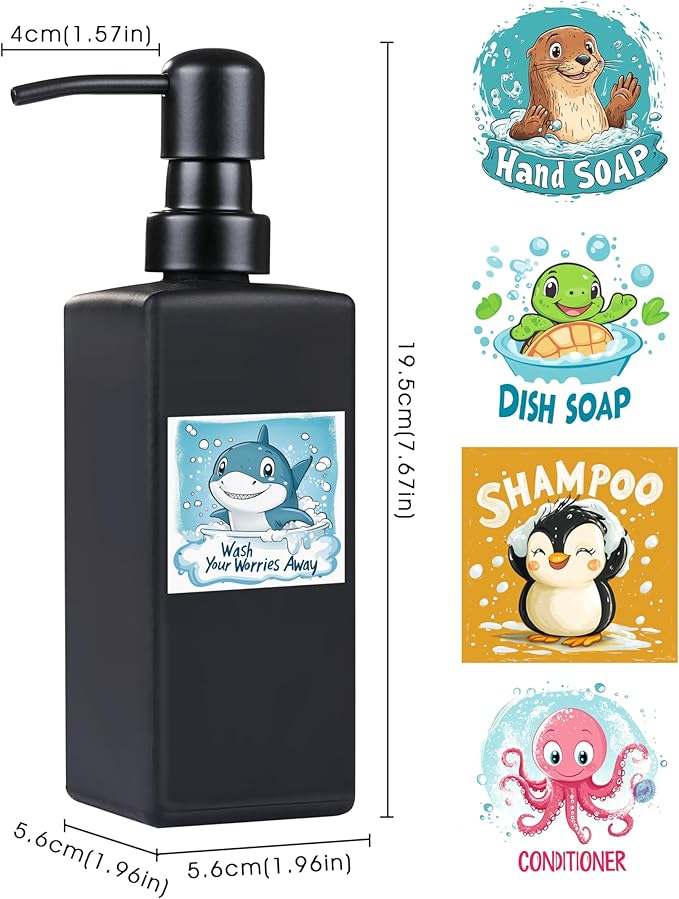 Soap Dispenser Bathroom, JINLIFA 12oz Black Glass Refillable Liquid Hand Dish Soap Dispenser (5 Labels)