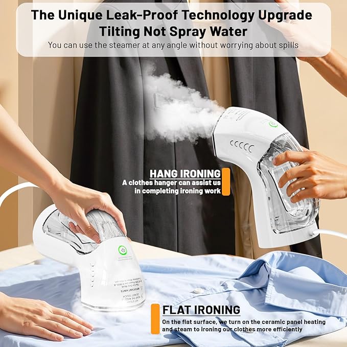 Steamer ＆ Iron 2 in 1 for Clothes, Ceramic Panel, Intelligent Chip Controls Soft Steam (Tilting Not Spray Water), 250ml Water Tank, 8.2FT Power Cord,1000W Portable Handheld Steam Iron (white)