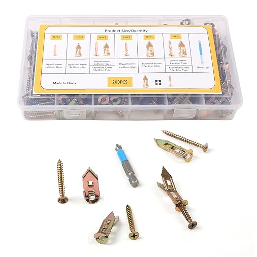 Self-Drilling Wall Anchor Screws Set, 400 Pieces, 4 Sizes, No-Drill Installation Kit with Zinc Plated Steel Dry Wall Screws no Drilling Required, Easy to Install (200)