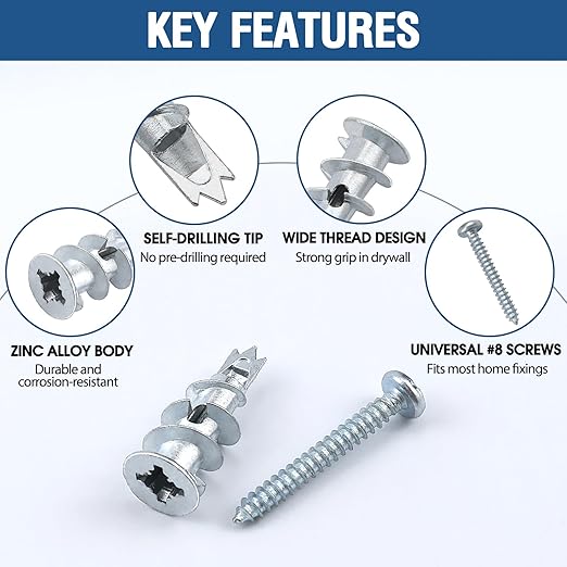 60 PCS Self-Drilling Drywall Anchors with #8 x 1-1/4" Screws – Heavy-Duty Zinc Alloy Anchors Kit for Drywall, Sheetrock & Hollow Walls, No Pre-Drilling Needed