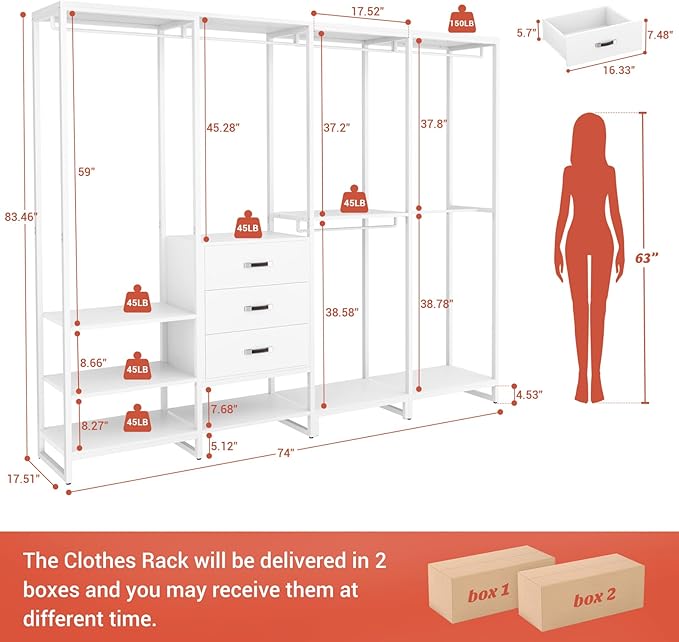 Aheaplus Wood Clothes Rack Wardrobe Closets for Hanging Clothes Heavy Duty Garment Rack, Large Corner L Shaped Closet System Organizer Walk-in Closet for Bedroom with 3 Wood Drawers, Pure White