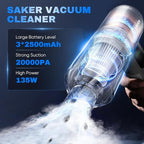 Saker Car Vacuum Portable Cordless 20000Pa Suction Power 4 in 1 Handheld Vacuum&Air Duster with LED Light Type-C Charge Portable Mini Vacuums for Car, Home, Office, Pet HL157 Silver