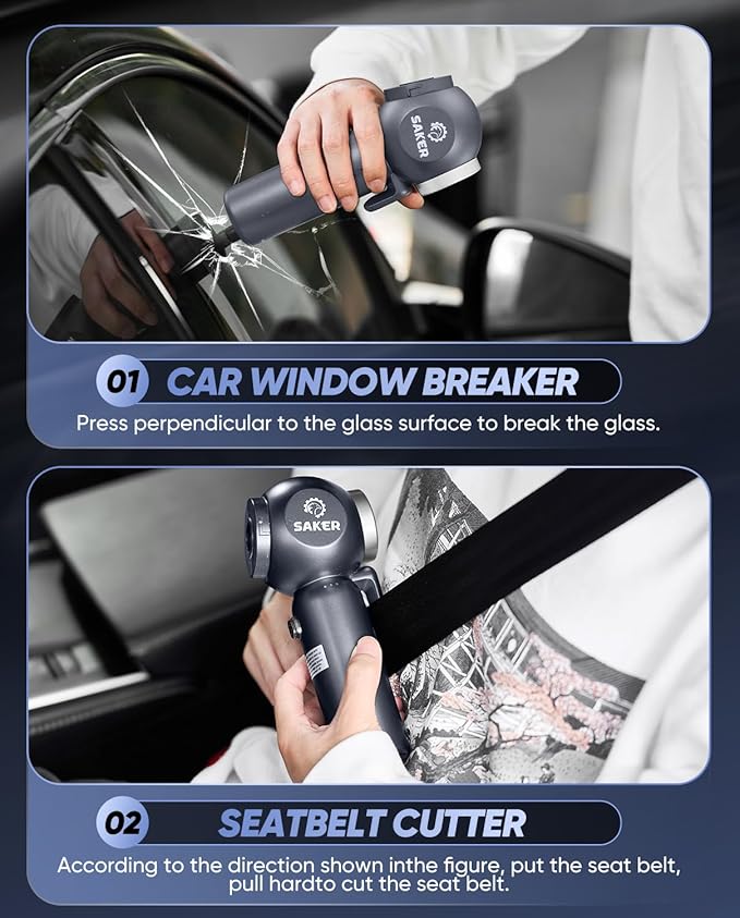 Saker 6 in 1 Car Vacuum Cleaner, 20000PA Handheld Vacuum Cordless Rechargeable 7800mAH with Type-C Reverse Charging, Window Breaker and Seatbelt Cutter for Car,Office and Home Cleaning,SW102 Blue Gray