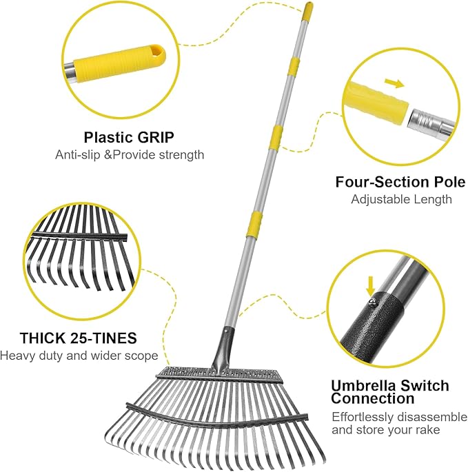 ﻿Stanew 65 Inch Garden Leaf Rake Set ,for Leaves Adjustable Long Handle Rake Sturdy Metal Yard,Garden Rakes17 Wide with 15 Gallon Garden Bag for Gardening Lawns Yard Outdoor Camping