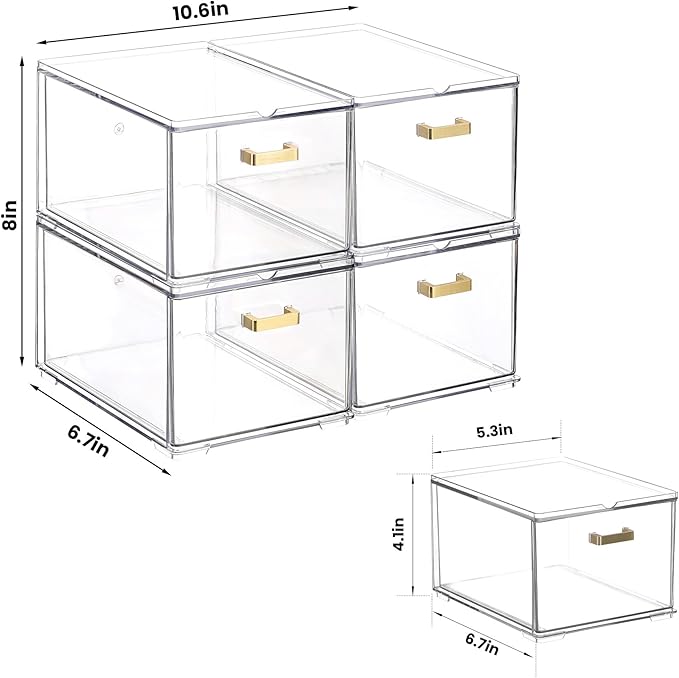 4 Pack Clear Stackable Storage Drawers, 8" Tall Bathroom Makeup Organizer with Handle, Plastic Organizer Bins Easy Assembly for Home, Kitchen, Pantry, Cabinet Under Sink Organization